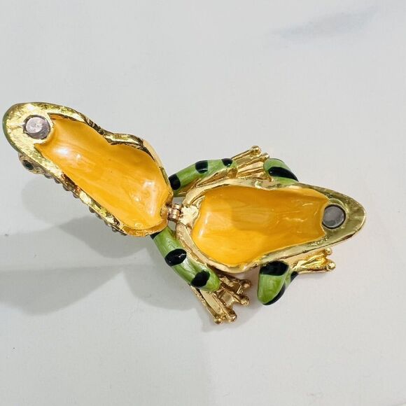 Jeweled Keepsake Enamel Green Frog Hinged Trinket Box Metalic Paperweight - Picture 6 of 10